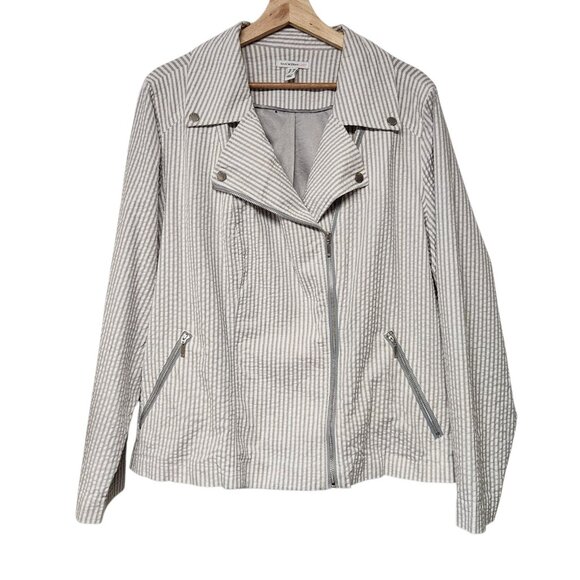 Isaac Mizrahi Live! Size 22W Seersucker Motorcycle Jacket Gray White Striped - Picture 1 of 6
